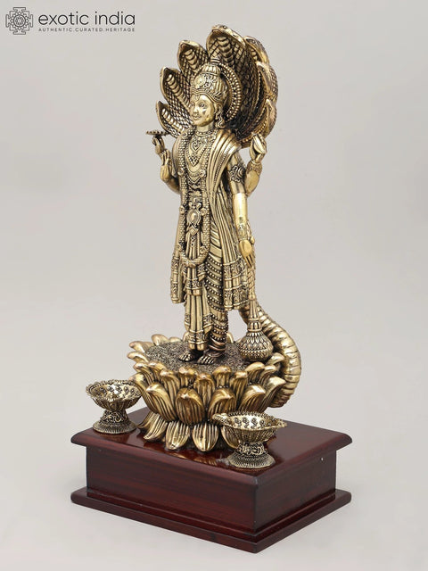 12" Superfine Four Armed Lord Vishnu with Seven Headed Sheshnag and Wood Base | Brass Idol