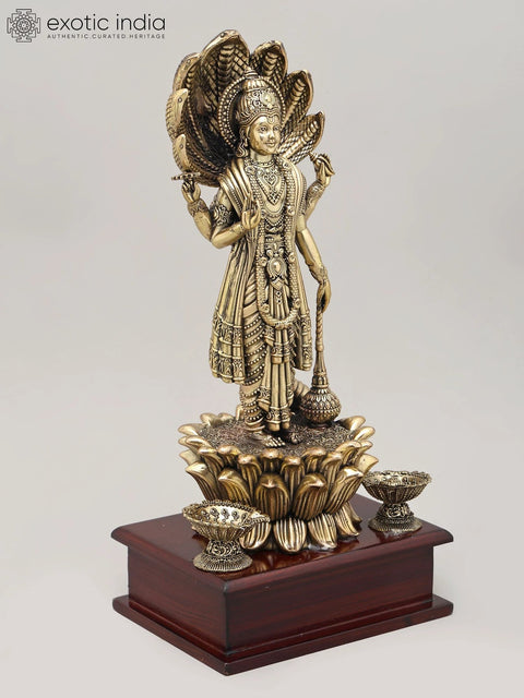 12" Superfine Four Armed Lord Vishnu with Seven Headed Sheshnag and Wood Base | Brass Idol