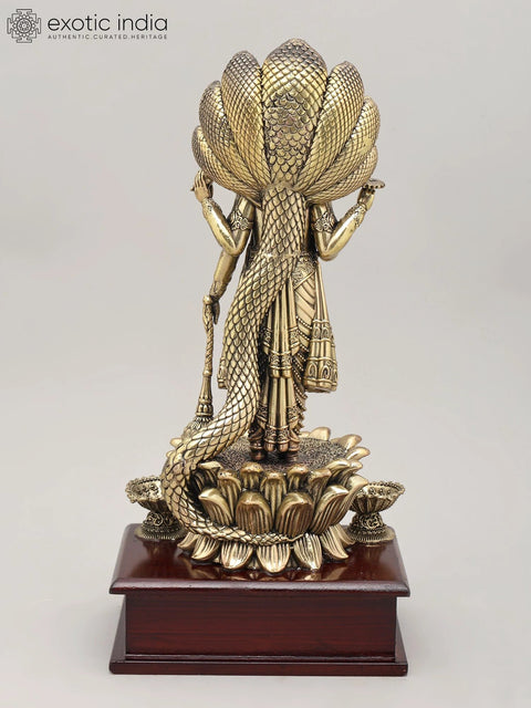 12" Superfine Four Armed Lord Vishnu with Seven Headed Sheshnag and Wood Base | Brass Idol