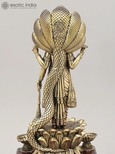 12" Superfine Four Armed Lord Vishnu with Seven Headed Sheshnag and Wood Base | Brass Idol