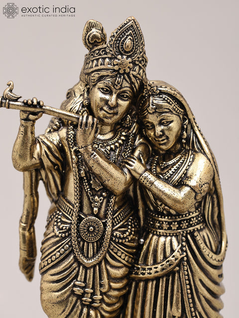 3" Small Superfine Lord Krishna Playing Flute with Radha on Wood Base | Brass Sculpture