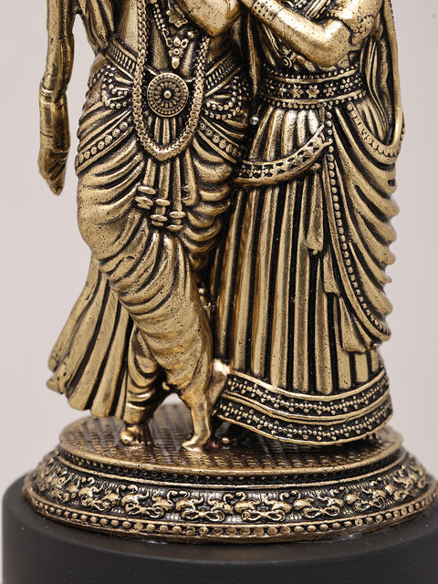 3" Small Superfine Lord Krishna Playing Flute with Radha on Wood Base | Brass Sculpture