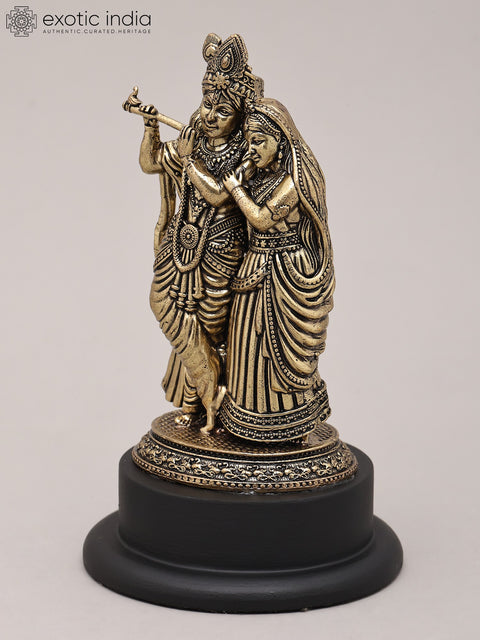 3" Small Superfine Lord Krishna Playing Flute with Radha on Wood Base | Brass Sculpture