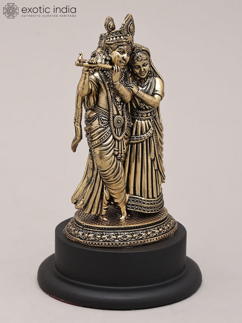 3" Small Superfine Lord Krishna Playing Flute with Radha on Wood Base | Brass Sculpture