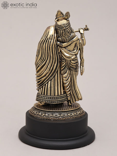 3" Small Superfine Lord Krishna Playing Flute with Radha on Wood Base | Brass Sculpture