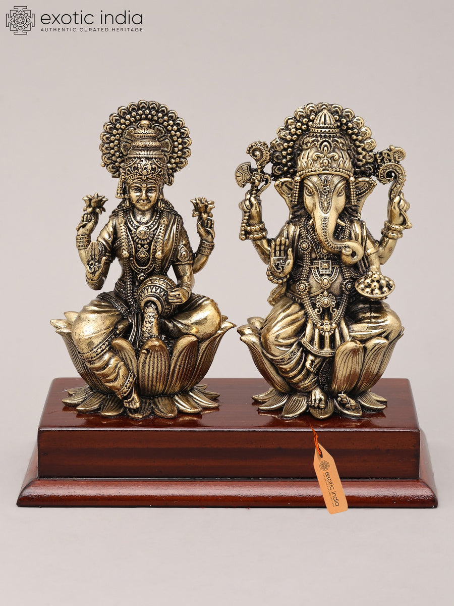4" Brass Goddess Lakshmi and Lord Ganapati Idol Pair with Wood Base