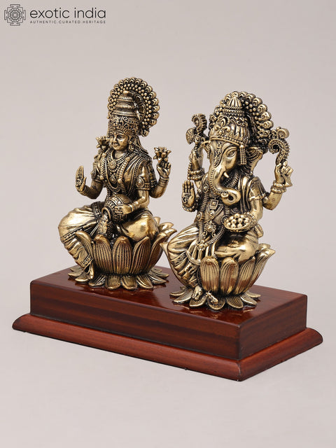 4" Small Superfine Goddess Lakshmi and Lord Ganapati Pair with Wood Base | Brass Idol