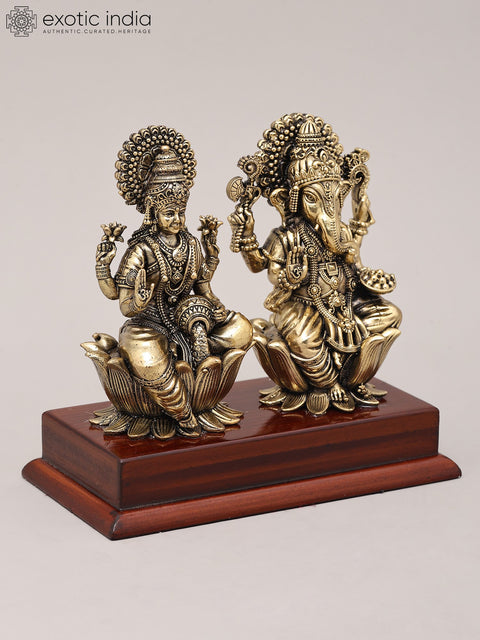 4" Small Superfine Goddess Lakshmi and Lord Ganapati Pair with Wood Base | Brass Idol