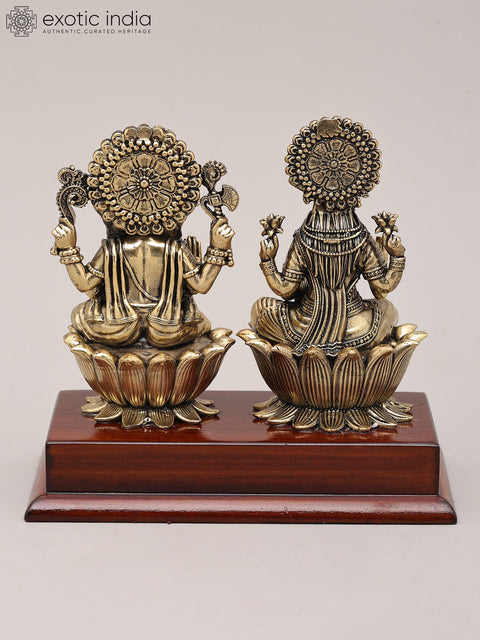 4" Small Superfine Goddess Lakshmi and Lord Ganapati Pair with Wood Base | Brass Idol