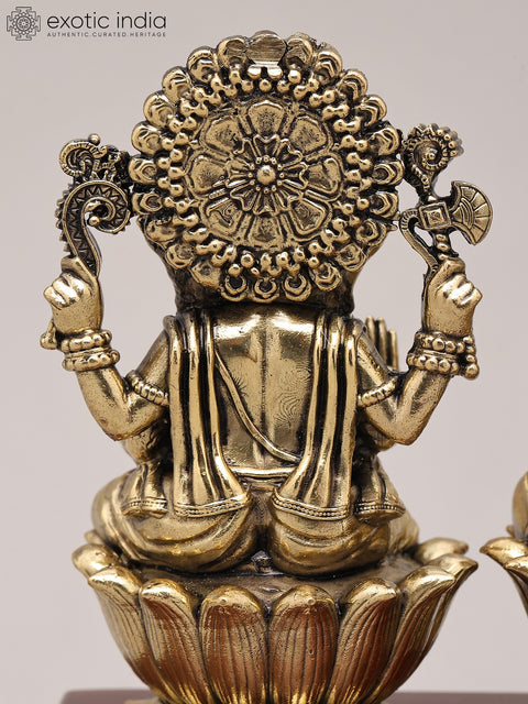4" Small Superfine Goddess Lakshmi and Lord Ganapati Pair with Wood Base | Brass Idol