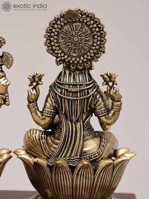 4" Small Superfine Goddess Lakshmi and Lord Ganapati Pair with Wood Base | Brass Idol