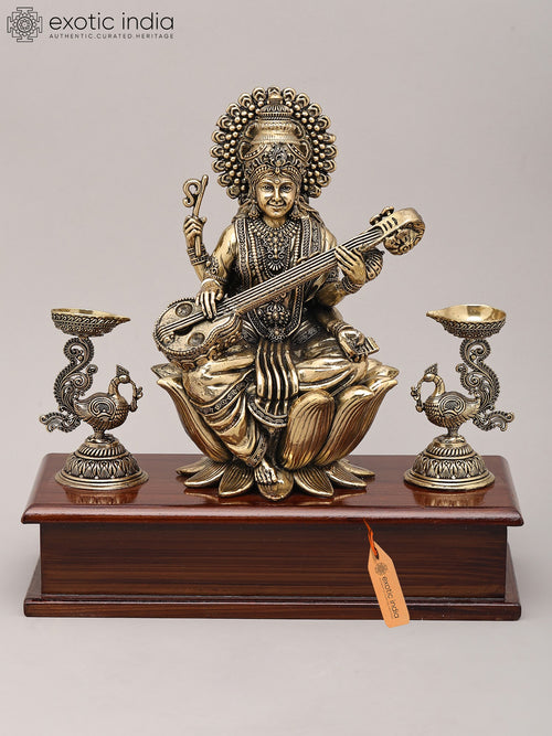 9" Brass Goddess Saraswati Playing Sitar Statue with Peacock Oil Lamp