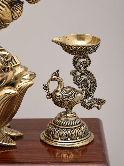 9" Superfine Goddess Saraswati Playing Sitar with Peacock Oil Lamp on Wood Base | Brass Statue