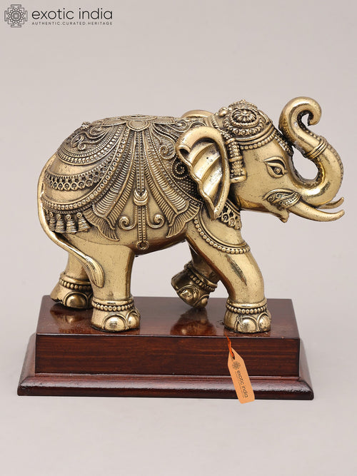 5" Brass Royal Elephant Figurine with Wood Base Handmade