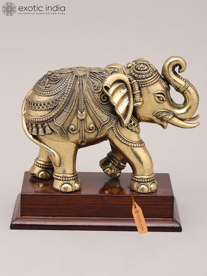 5" Brass Royal Elephant Figurine with Wood Base Handmade