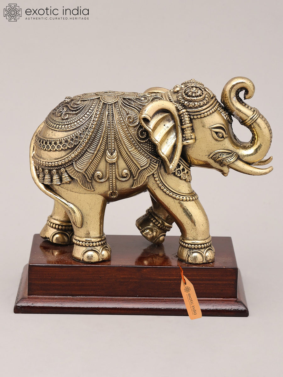 5" Brass Royal Elephant Figurine with Wood Base Handmade