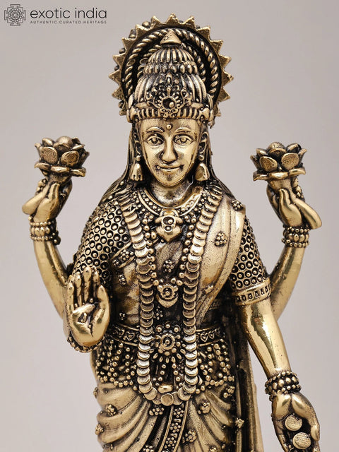 7" Superfine Goddess Lakshmi Standing on Lotus with Wood Base | Brass Sculpture