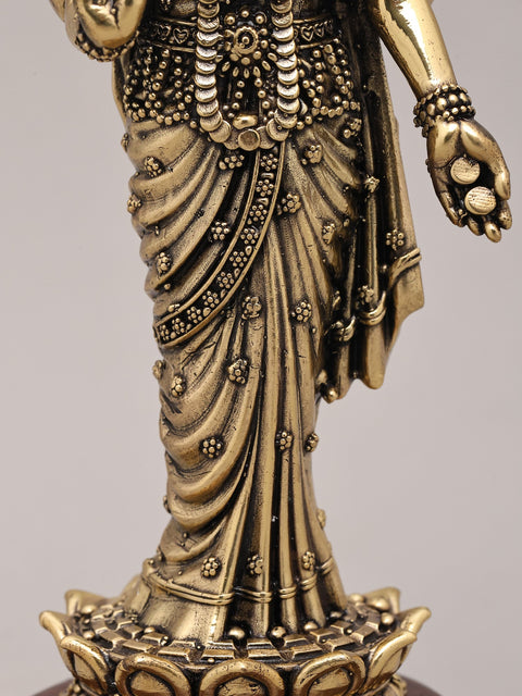 7" Superfine Goddess Lakshmi Standing on Lotus with Wood Base | Brass Sculpture