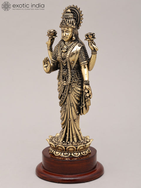 7" Superfine Goddess Lakshmi Standing on Lotus with Wood Base | Brass Sculpture