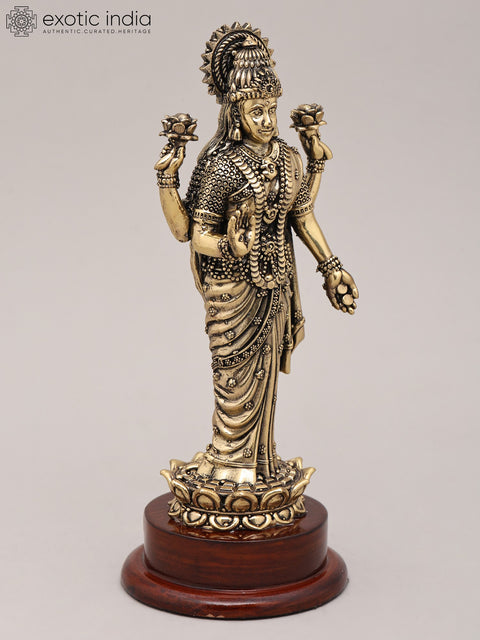 7" Superfine Goddess Lakshmi Standing on Lotus with Wood Base | Brass Sculpture