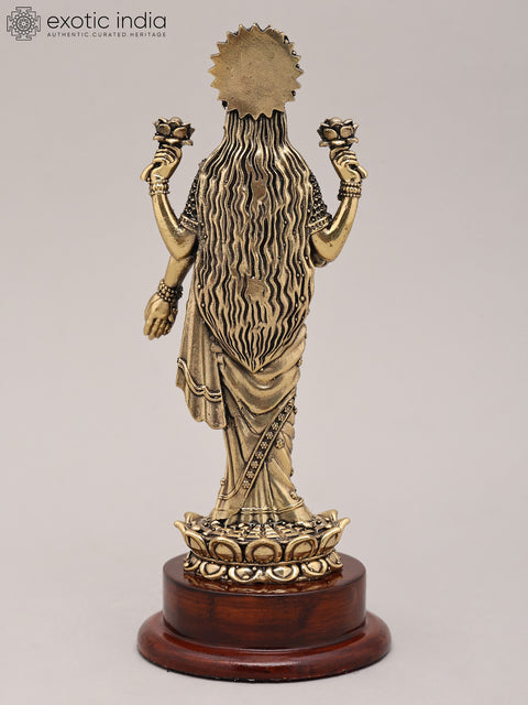 7" Superfine Goddess Lakshmi Standing on Lotus with Wood Base | Brass Sculpture