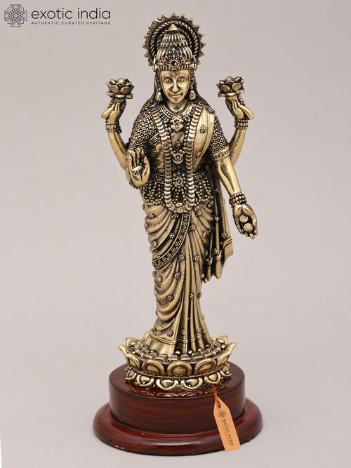 7" Handmade Goddess Lakshmi Standing on Lotus Brass Sculpture