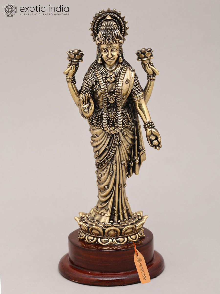 7" Handmade Goddess Lakshmi Standing on Lotus Brass Sculpture