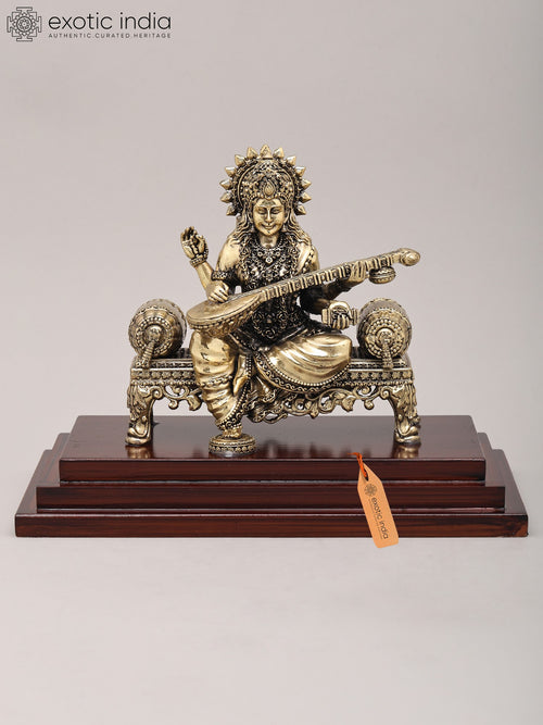 9" Brass Goddess Saraswati Statue with Sitar Playing Asana and Wood Base