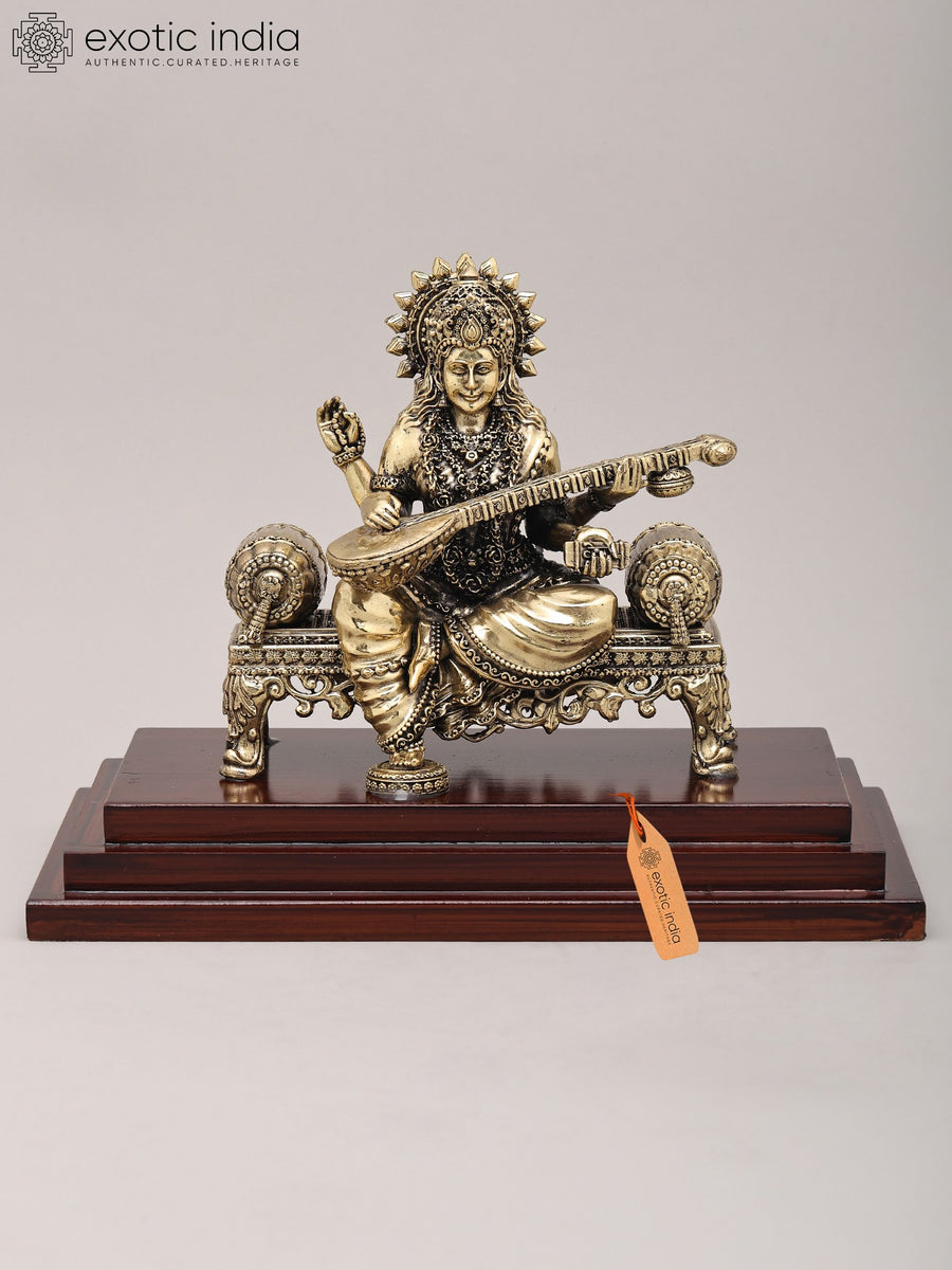 9" Brass Goddess Saraswati Statue with Sitar Playing Asana and Wood Base
