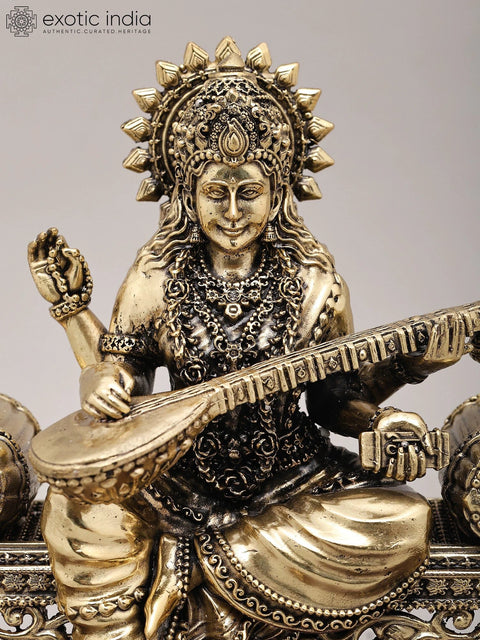 9" Superfine Goddess Saraswati Seated on Asana and Playing Sitar with Wood Base | Brass Idol