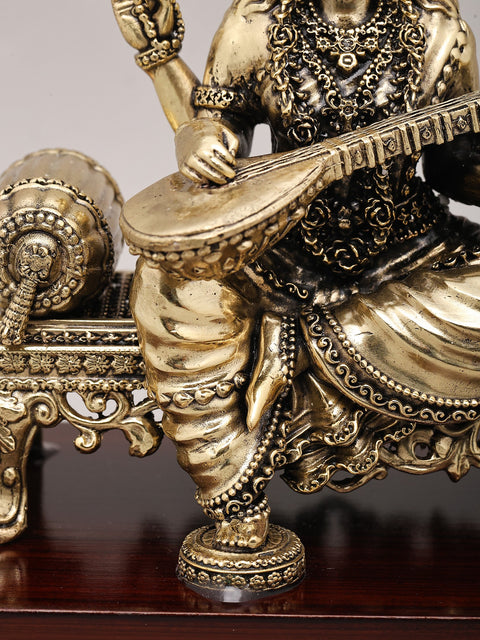 9" Superfine Goddess Saraswati Seated on Asana and Playing Sitar with Wood Base | Brass Idol