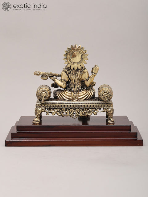 9" Superfine Goddess Saraswati Seated on Asana and Playing Sitar with Wood Base | Brass Idol