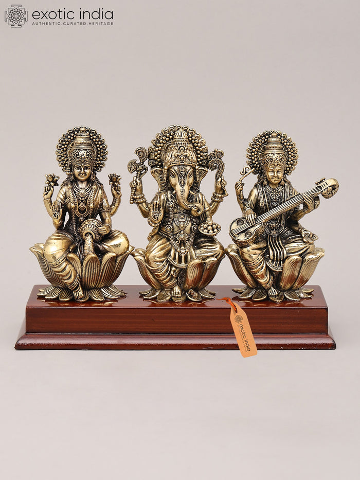 9" Superfine Goddess Lakshmi Ganesha and Saraswati Seated on Wood Base | Brass Sculpture