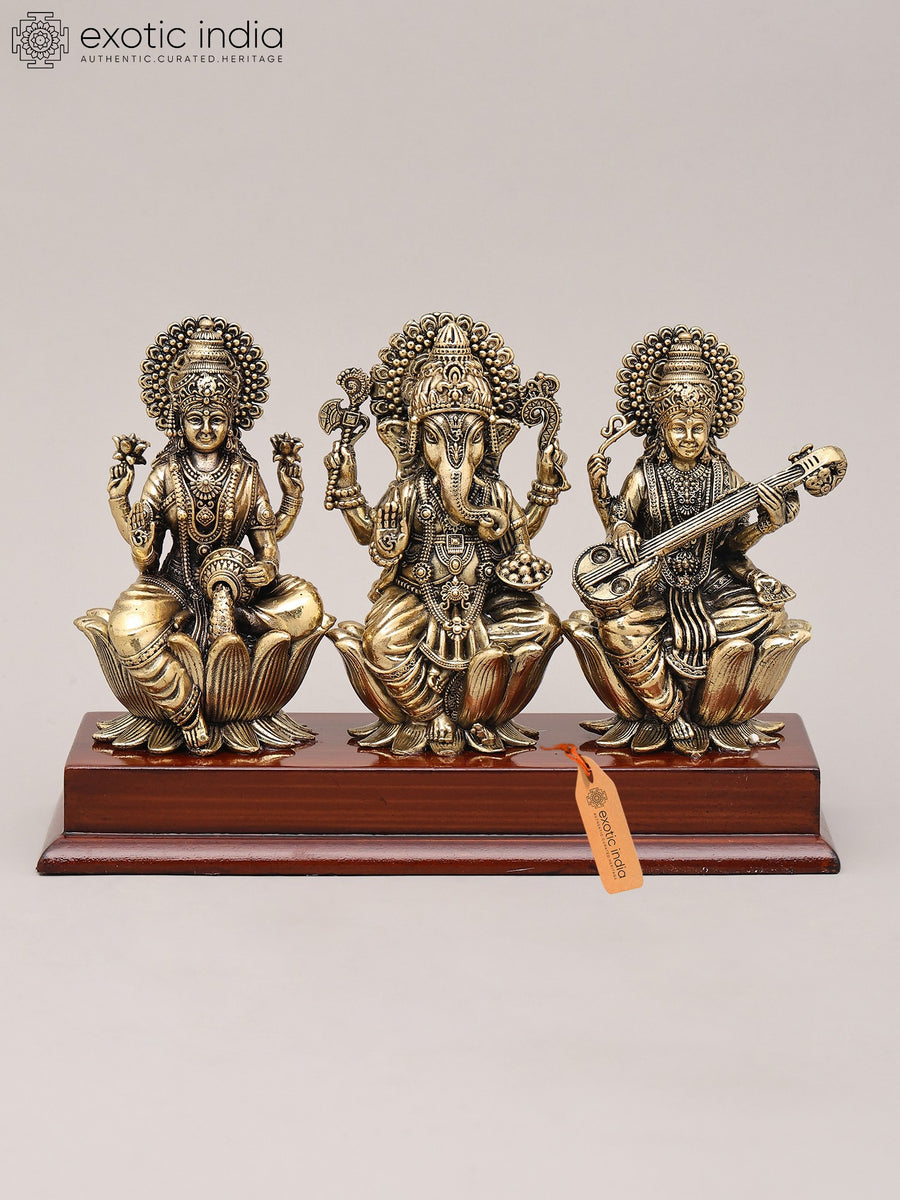 9" Brass Lakshmi Ganesha Saraswati Handmade Sculpture with Wood Base