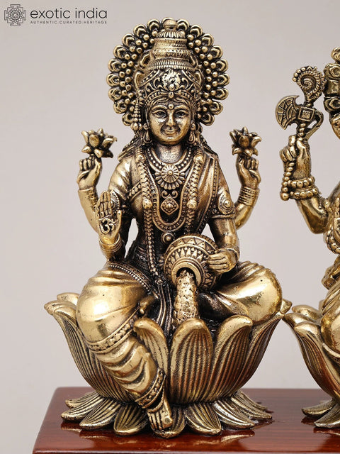 9" Superfine Goddess Lakshmi Ganesha and Saraswati Seated on Wood Base | Brass Sculpture