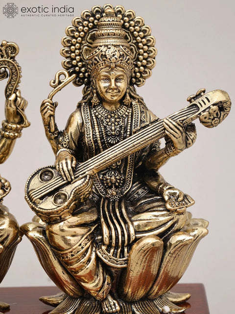 9" Superfine Goddess Lakshmi Ganesha and Saraswati Seated on Wood Base | Brass Sculpture