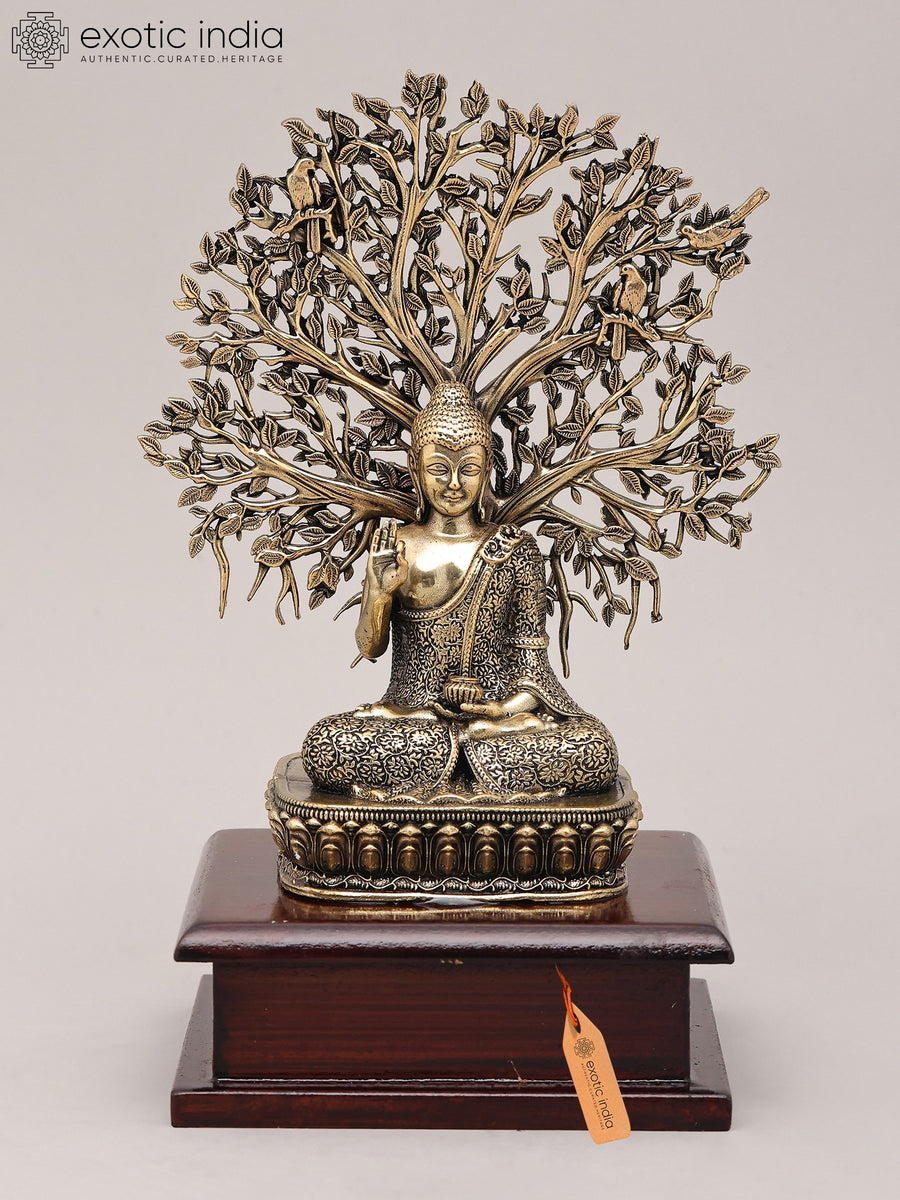 8" Buddha Under Bodhi Tree Brass Idol with Wood Base