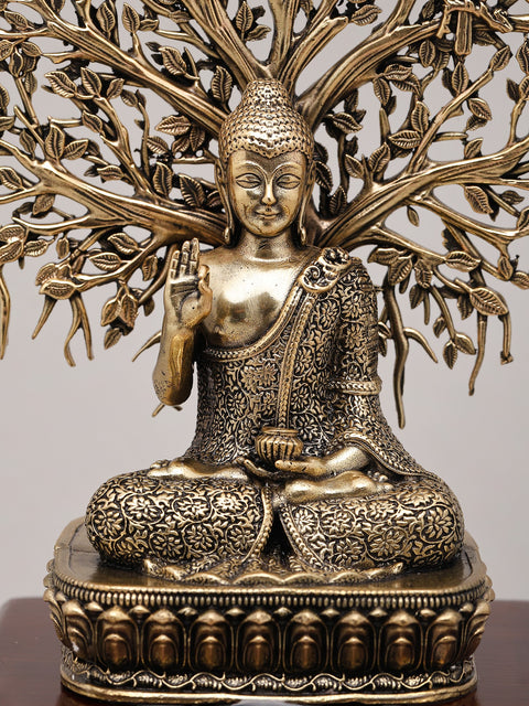 8" Superfine Idol of Lord Buddha Attaining Enlightenment Under The Bodhi Tree with Wood Base | Brass Statue