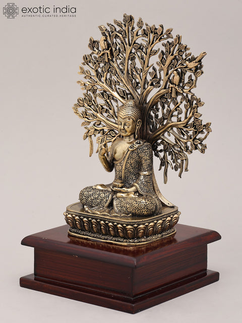 8" Superfine Idol of Lord Buddha Attaining Enlightenment Under The Bodhi Tree with Wood Base | Brass Statue
