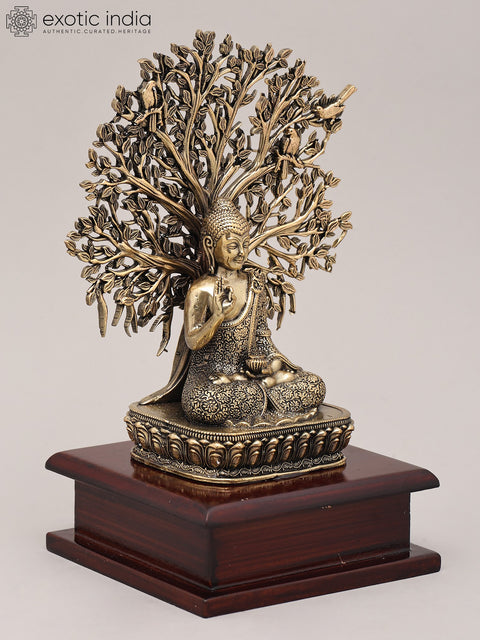 8" Superfine Idol of Lord Buddha Attaining Enlightenment Under The Bodhi Tree with Wood Base | Brass Statue