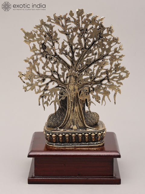 8" Superfine Idol of Lord Buddha Attaining Enlightenment Under The Bodhi Tree with Wood Base | Brass Statue