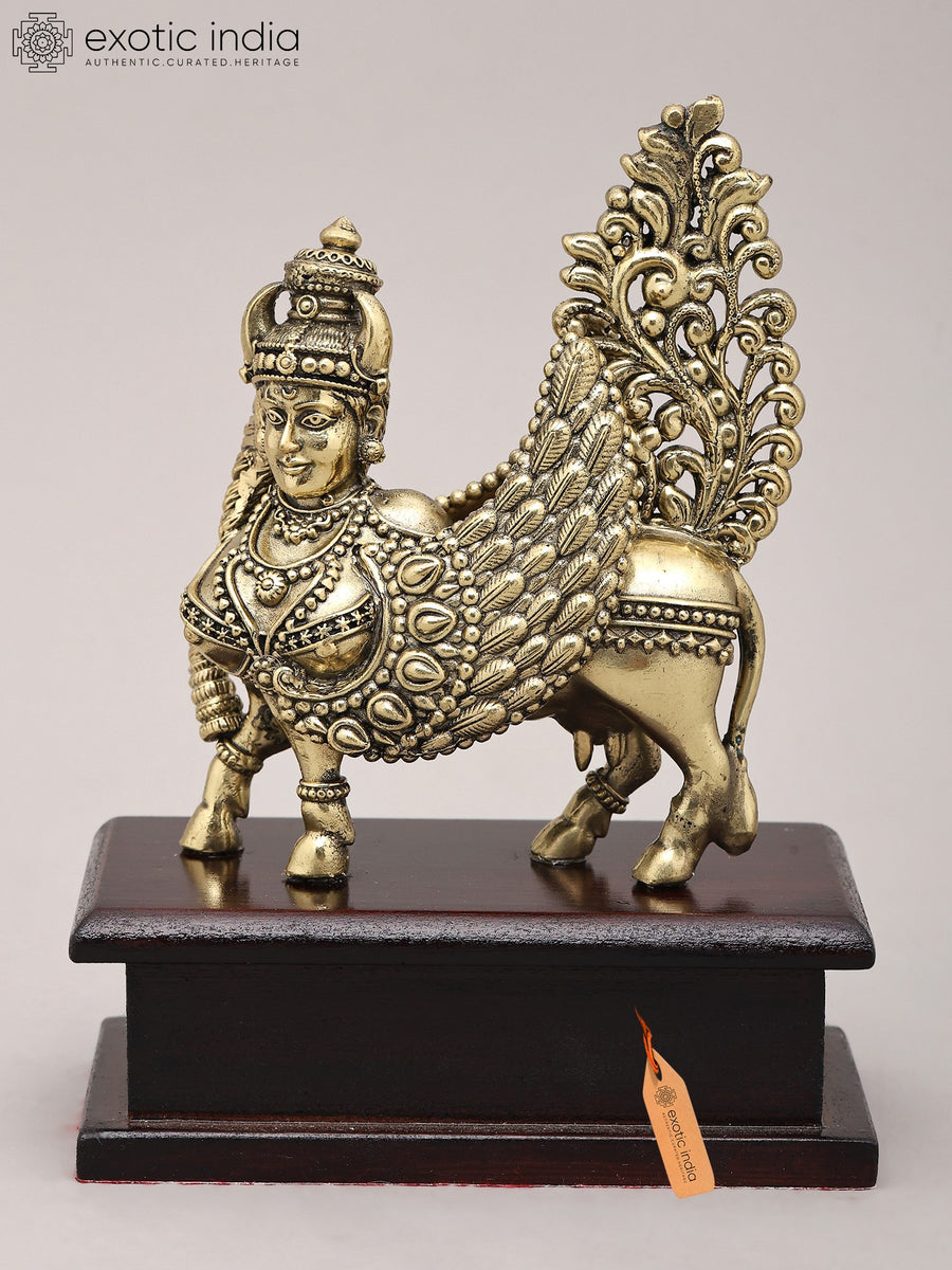 5" Brass Goddess Kamdhenu Handmade Sculpture on Wood Base