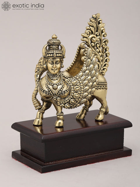 5" Small Superfine Goddess Kamdhenu on Wood Base | Brass Sculpture