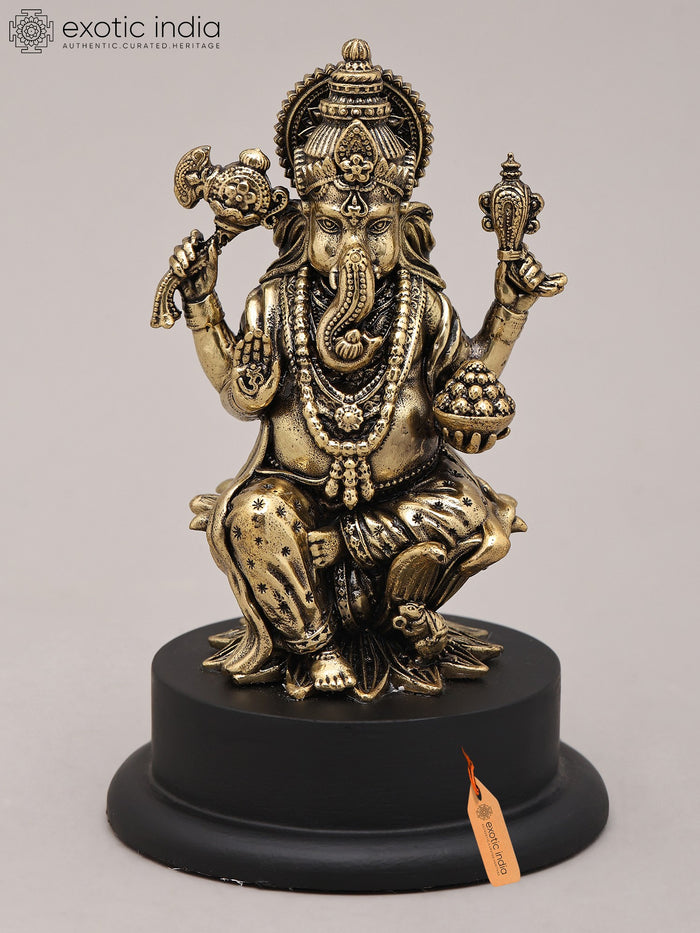 5" Ekadanta Ganesha Seated on Lotus Brass Idol with Wood Base