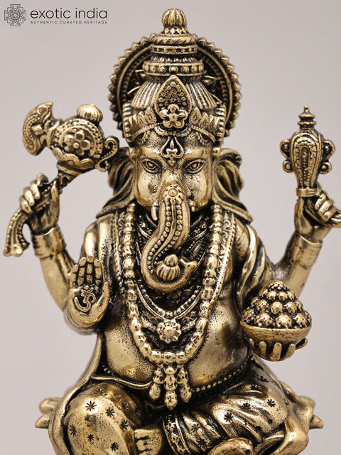 5" Small Superfine Ekadanta - The Lord Ganesha Seated on Lotus with Wood Base | Brass Idol