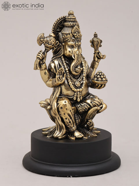 5" Small Superfine Ekadanta - The Lord Ganesha Seated on Lotus with Wood Base | Brass Idol