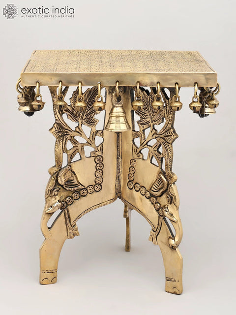 11" Elephant Design Square Shaped Brass Pedestal with Dangling Bells and Ghungroos