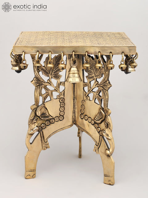 11" Elephant Design Square Shaped Brass Pedestal with Dangling Bells and Ghungroos