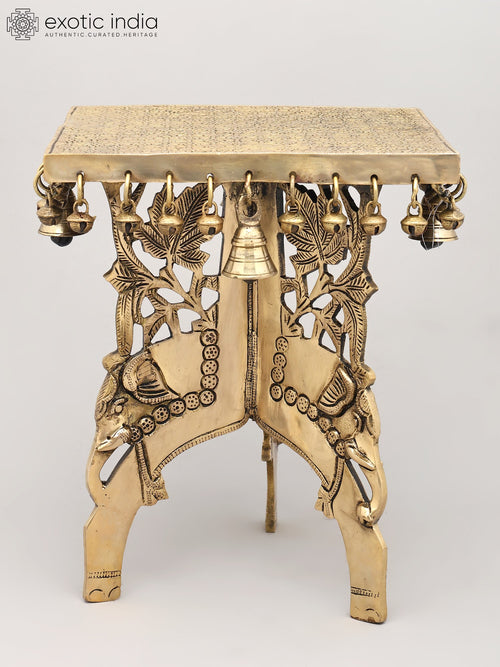 11" Elephant Brass Pedestal with Dangling Bells and Ghungroos