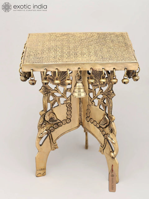 11" Elephant Design Square Shaped Brass Pedestal with Dangling Bells and Ghungroos